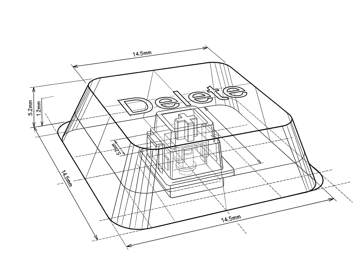 Isometric engineering drawing of a Delete keycap and its switch mechanism, annotated with 14.5mm, 5.2mm and 1.2mm dimensions